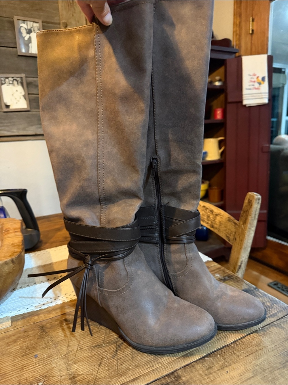 JustFab Taupe Knee-High Wedge Boots with Wrap Strap